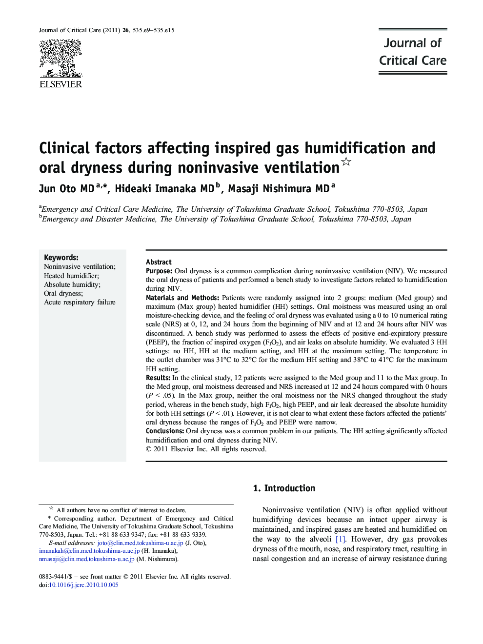 Clinical factors affecting inspired gas humidification and oral dryness during noninvasive ventilation