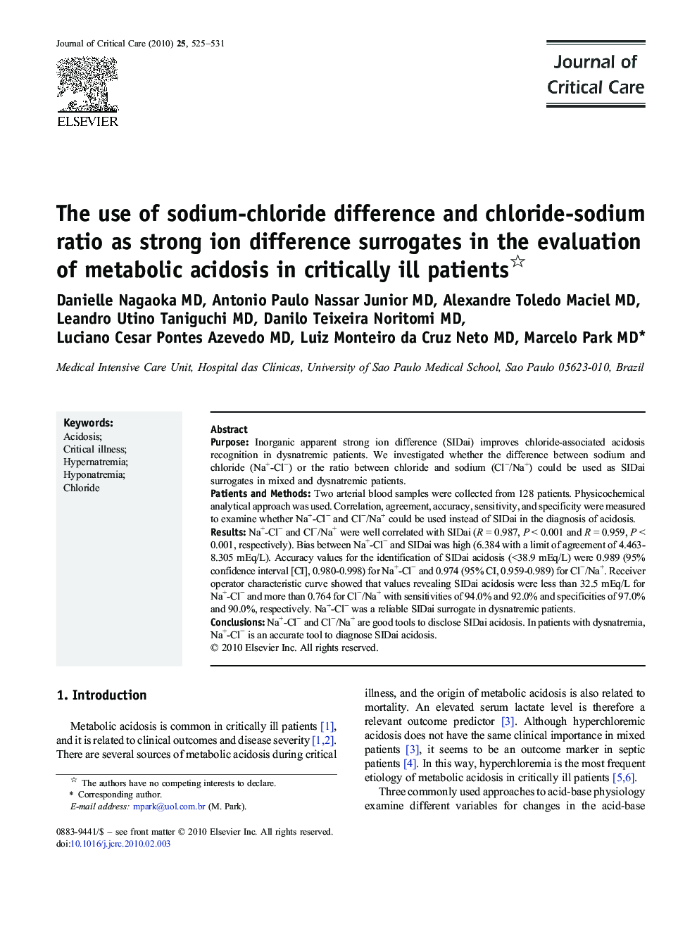 The use of sodium-chloride difference and chloride-sodium ratio as strong ion difference surrogates in the evaluation of metabolic acidosis in critically ill patients 