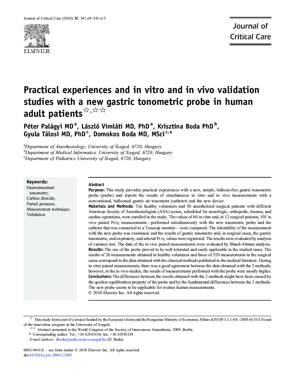 Practical experiences and in vitro and in vivo validation studies with a new gastric tonometric probe in human adult patients