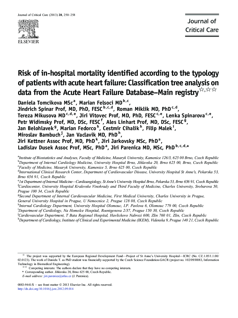 Risk of in-hospital mortality identified according to the typology of patients with acute heart failure: Classification tree analysis on data from the Acute Heart Failure Database–Main registry 