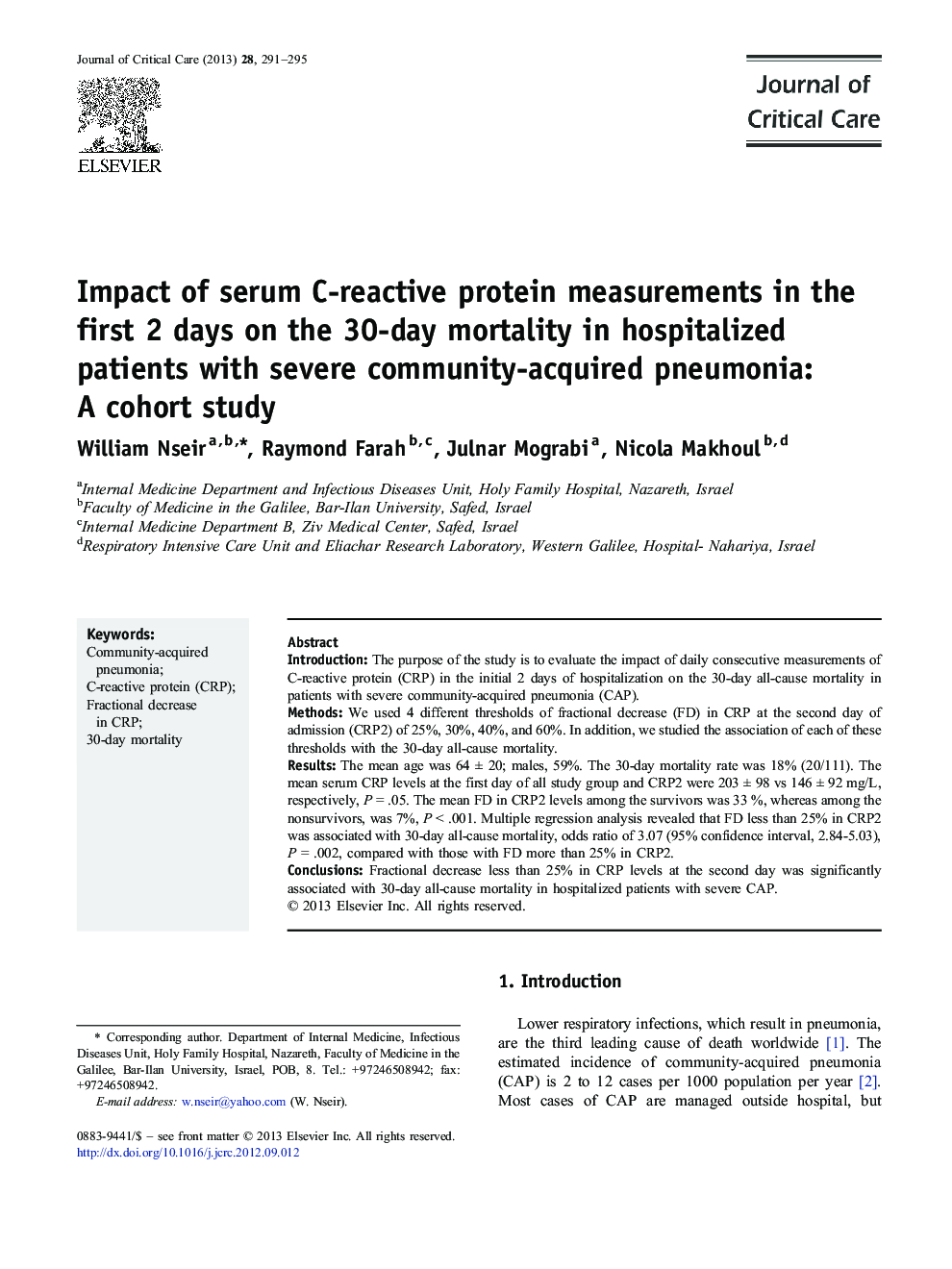 Impact of serum C-reactive protein measurements in the first 2 days on the 30-day mortality in hospitalized patients with severe community-acquired pneumonia: A cohort study