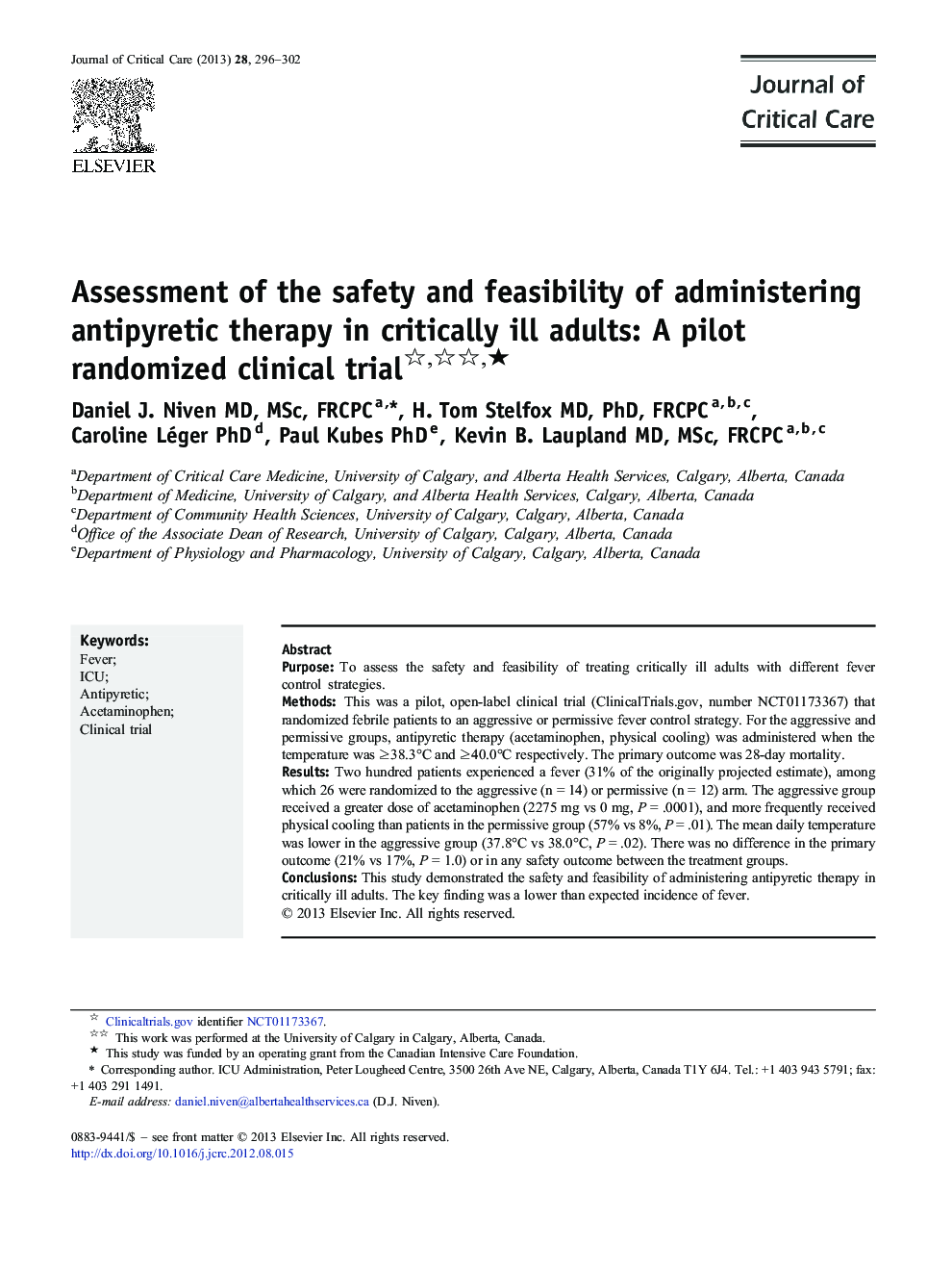 Assessment of the safety and feasibility of administering antipyretic therapy in critically ill adults: A pilot randomized clinical trial ★