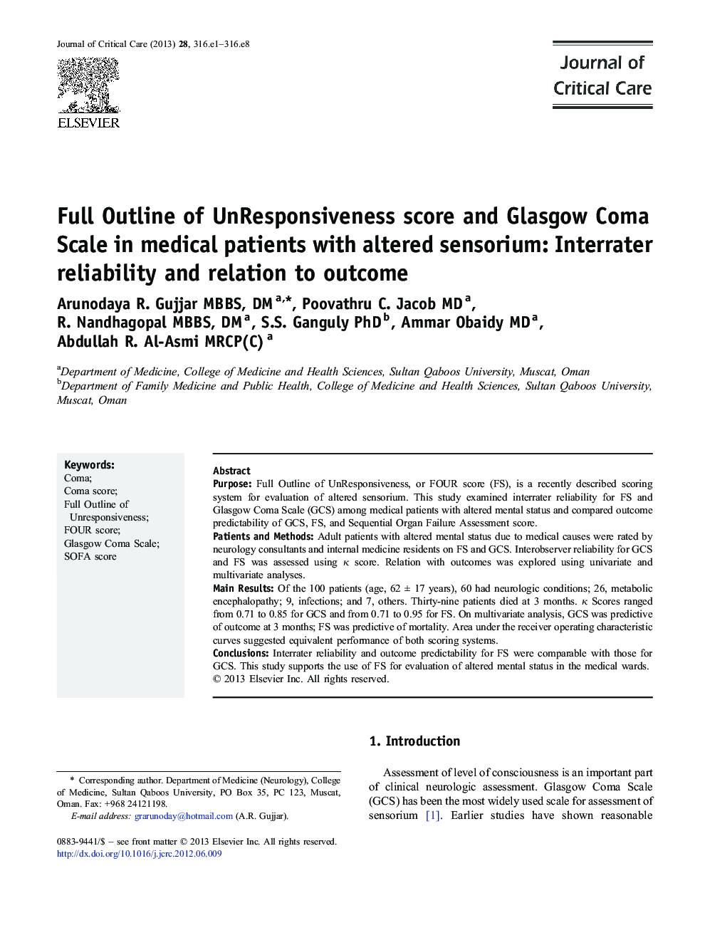 Full Outline of UnResponsiveness score and Glasgow Coma Scale in medical patients with altered sensorium: Interrater reliability and relation to outcome