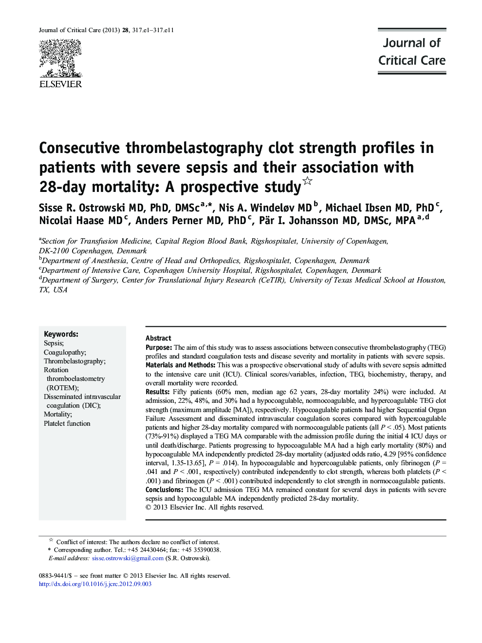 Consecutive thrombelastography clot strength profiles in patients with severe sepsis and their association with 28-day mortality: A prospective study