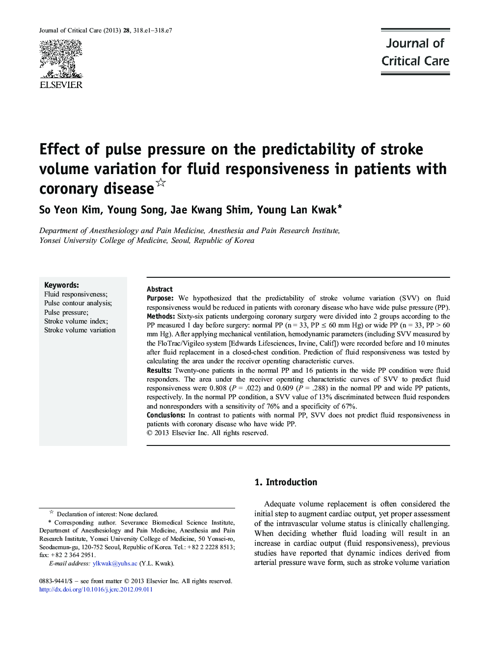 Effect of pulse pressure on the predictability of stroke volume variation for fluid responsiveness in patients with coronary disease