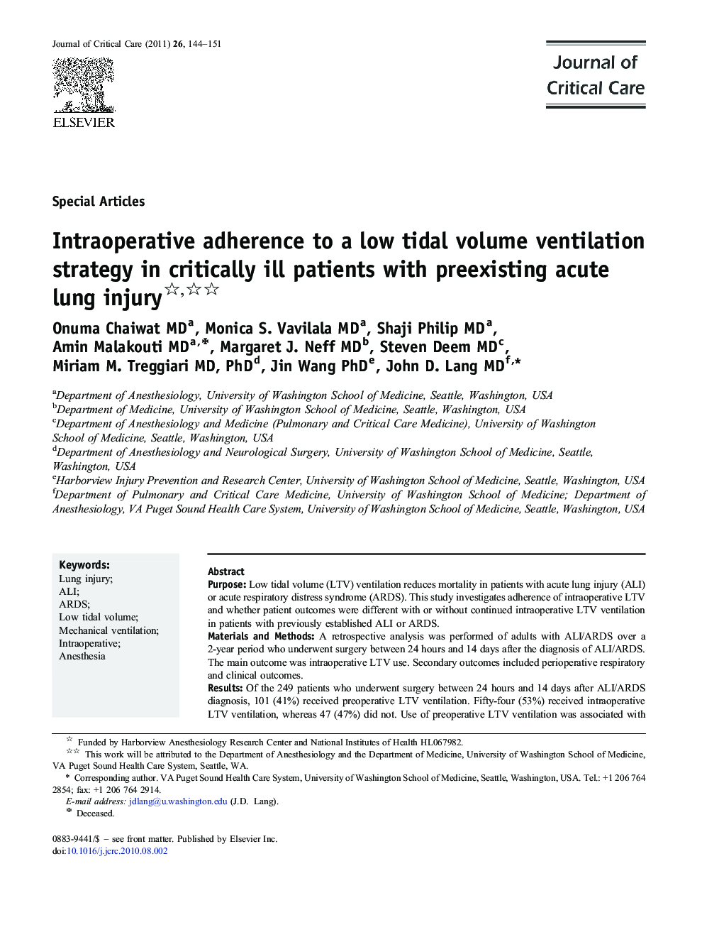 Intraoperative adherence to a low tidal volume ventilation strategy in critically ill patients with preexisting acute lung injury 