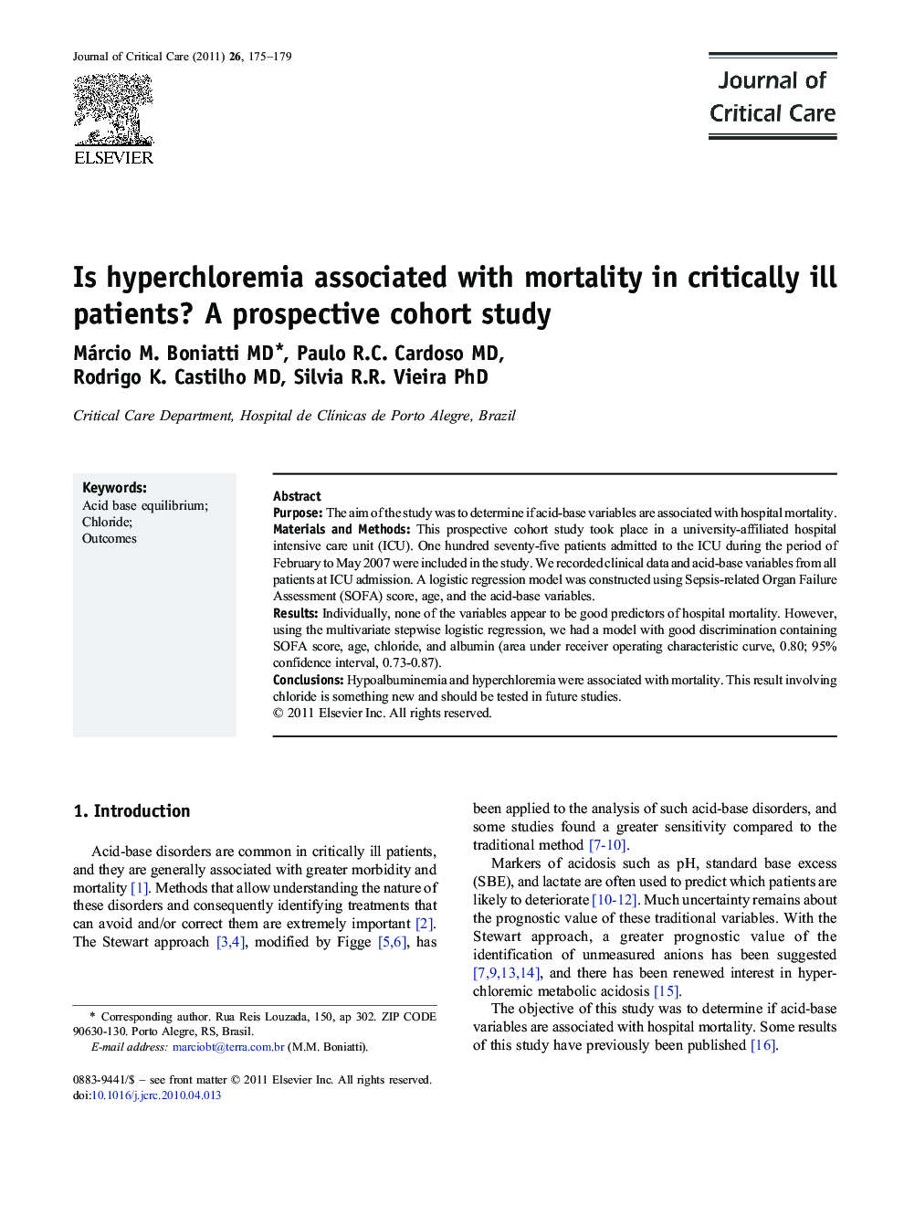 Is hyperchloremia associated with mortality in critically ill patients? A prospective cohort study