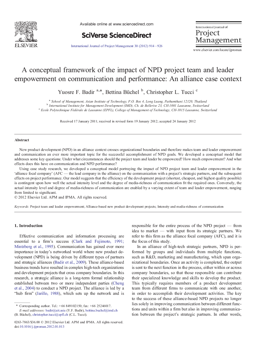 A conceptual framework of the impact of NPD project team and leader empowerment on communication and performance: An alliance case context