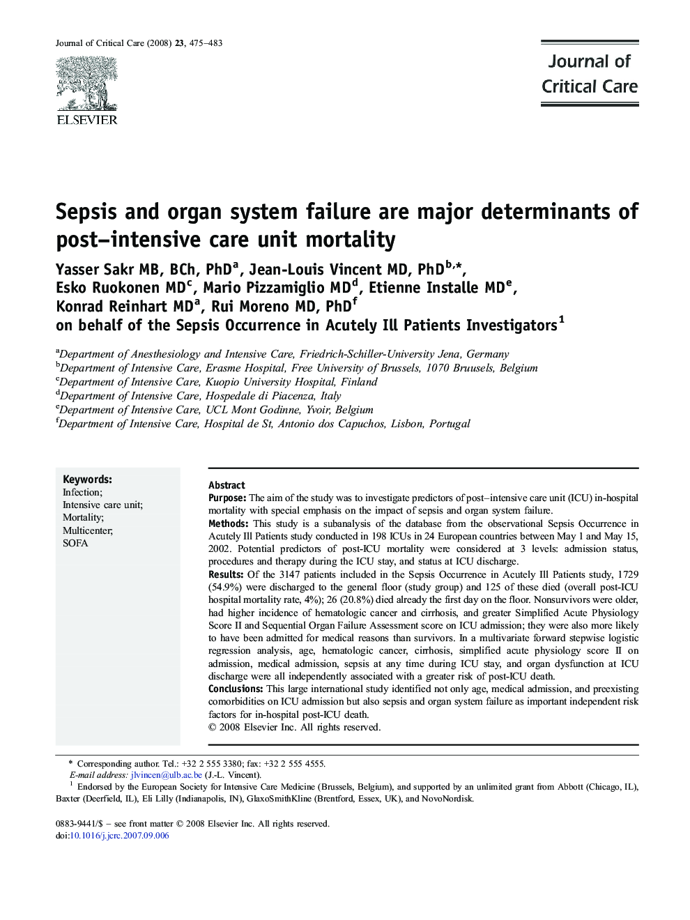 Sepsis and organ system failure are major determinants of post–intensive care unit mortality