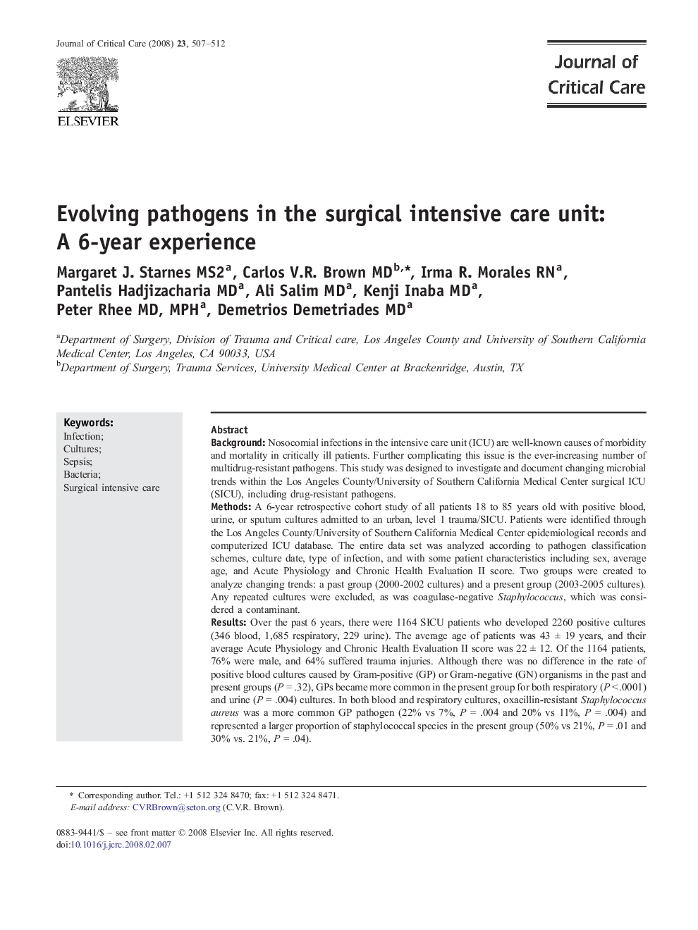 Evolving pathogens in the surgical intensive care unit: A 6-year experience 