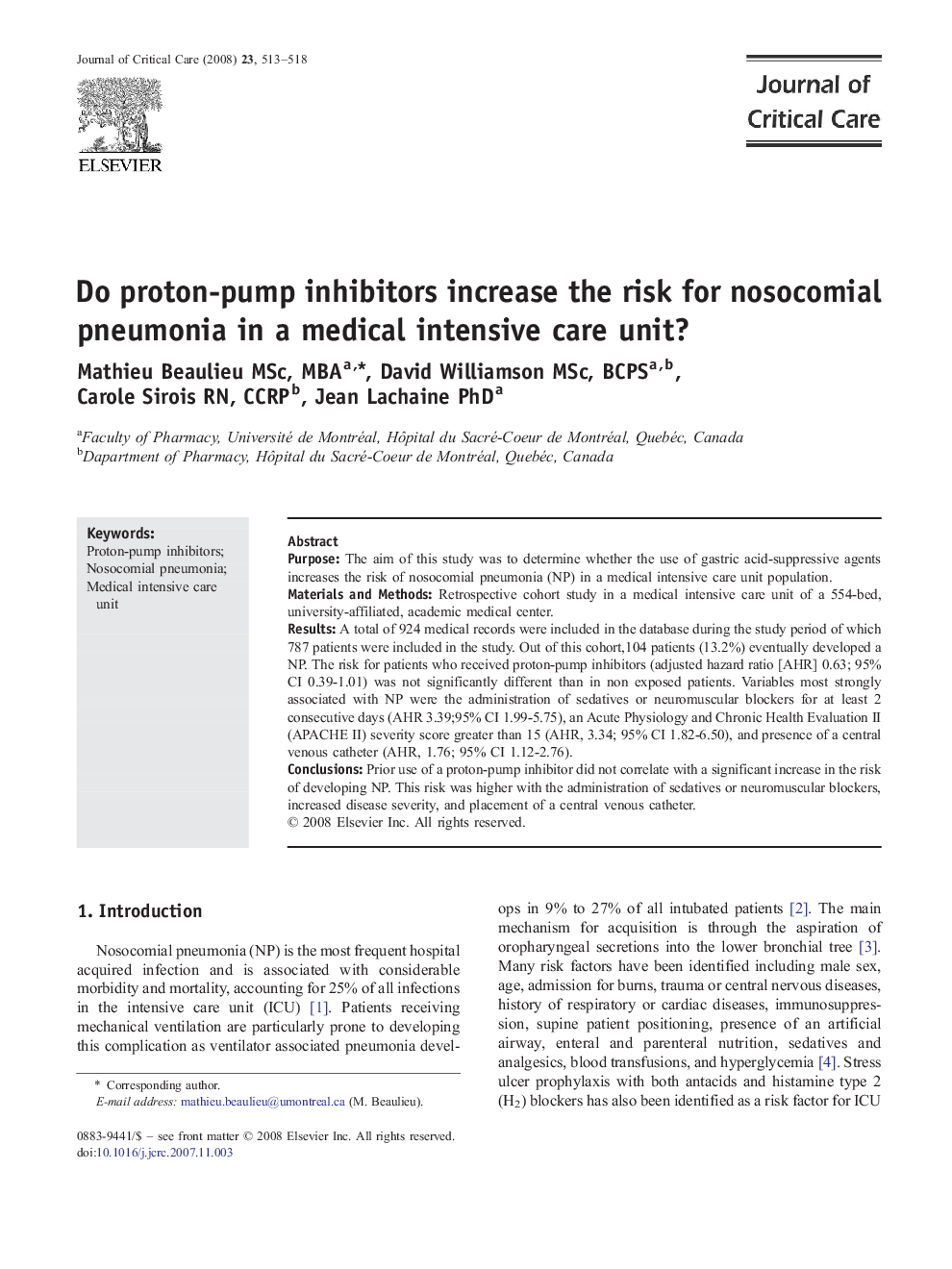 Do proton-pump inhibitors increase the risk for nosocomial pneumonia in a medical intensive care unit?