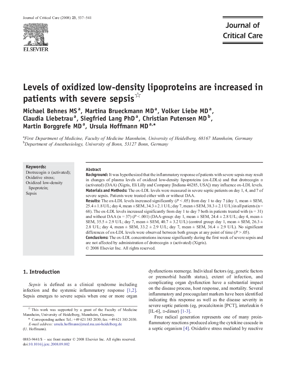 Levels of oxidized low-density lipoproteins are increased in patients with severe sepsis 