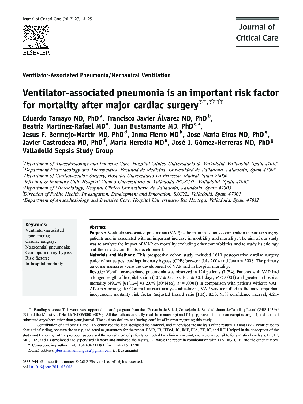 Ventilator-associated pneumonia is an important risk factor for mortality after major cardiac surgery 