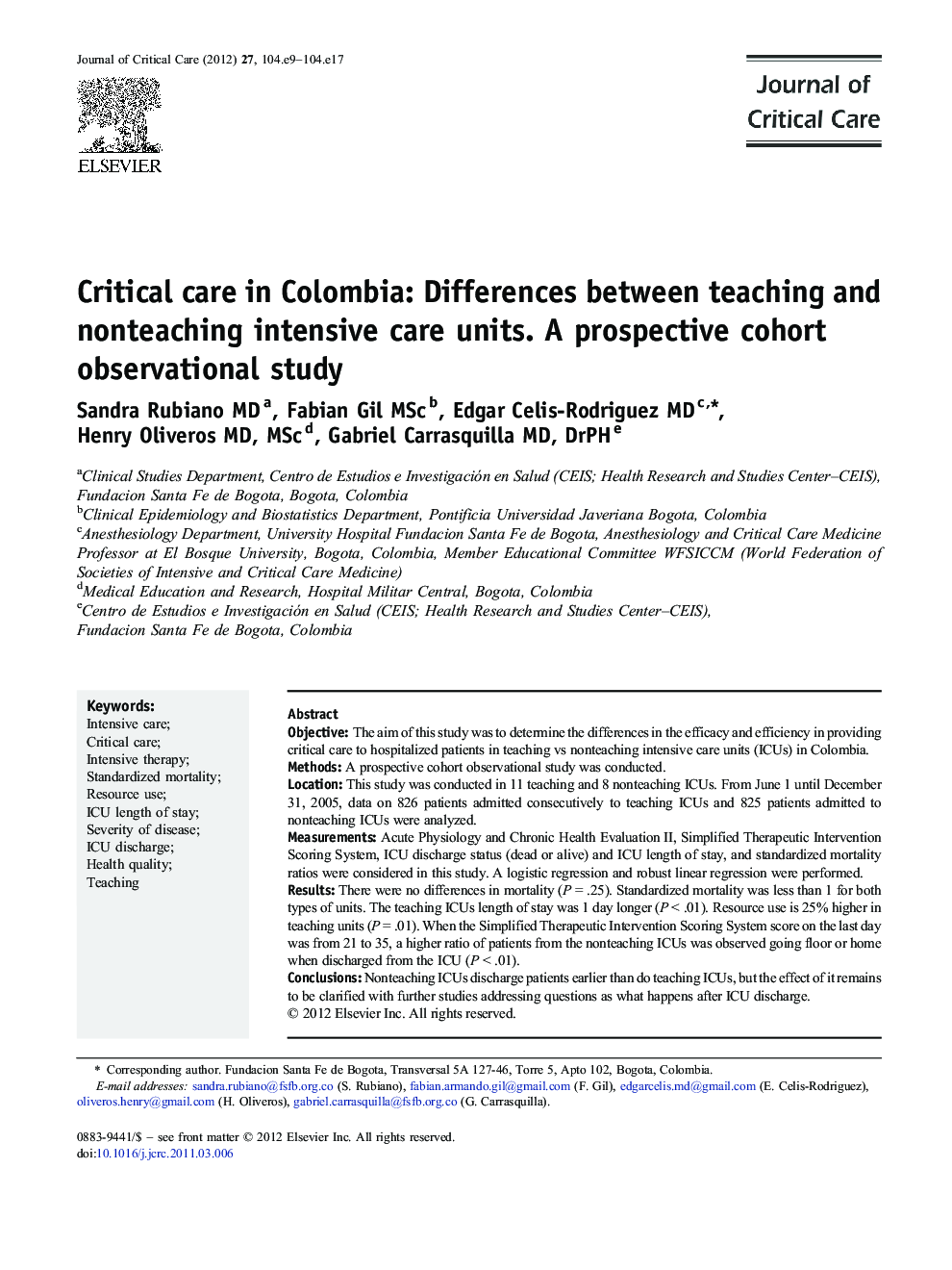 Critical care in Colombia: Differences between teaching and nonteaching intensive care units. A prospective cohort observational study