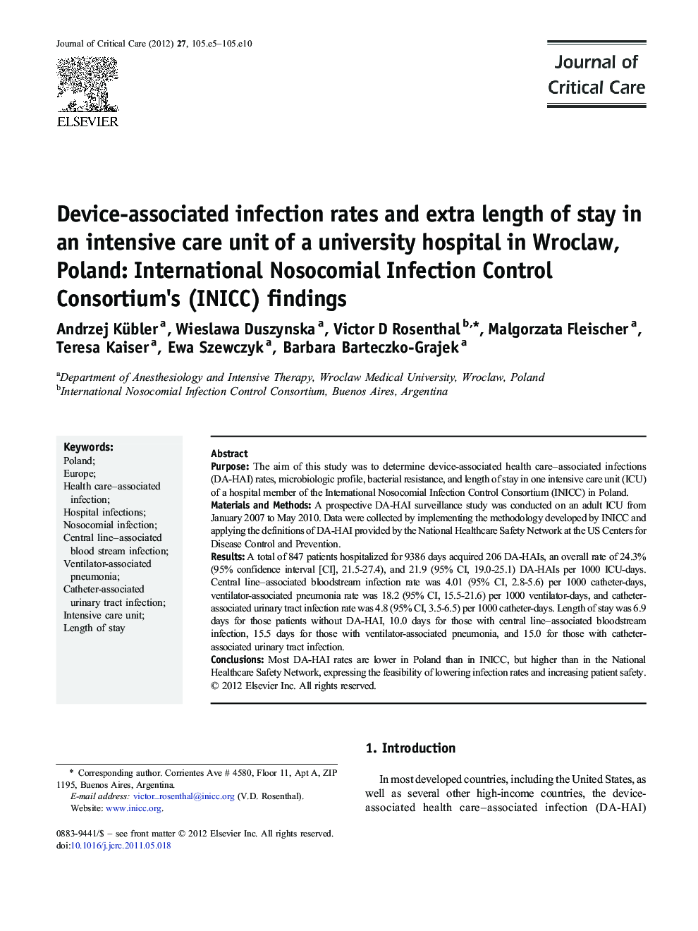 Device-associated infection rates and extra length of stay in an intensive care unit of a university hospital in Wroclaw, Poland: International Nosocomial Infection Control Consortium's (INICC) findings