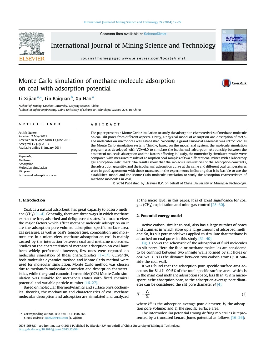 Monte Carlo simulation of methane molecule adsorption on coal with adsorption potential