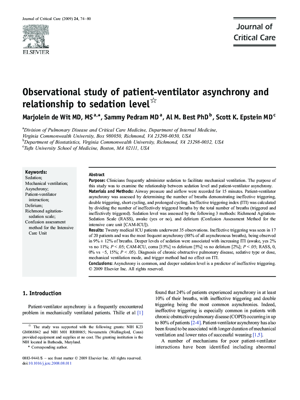 Observational study of patient-ventilator asynchrony and relationship to sedation level 