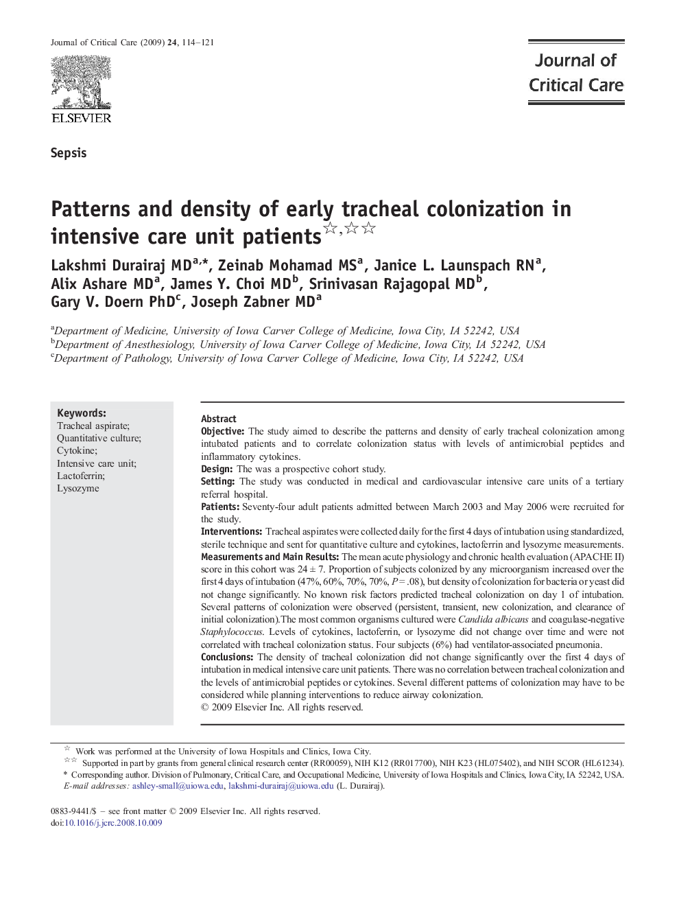 Patterns and density of early tracheal colonization in intensive care unit patients 