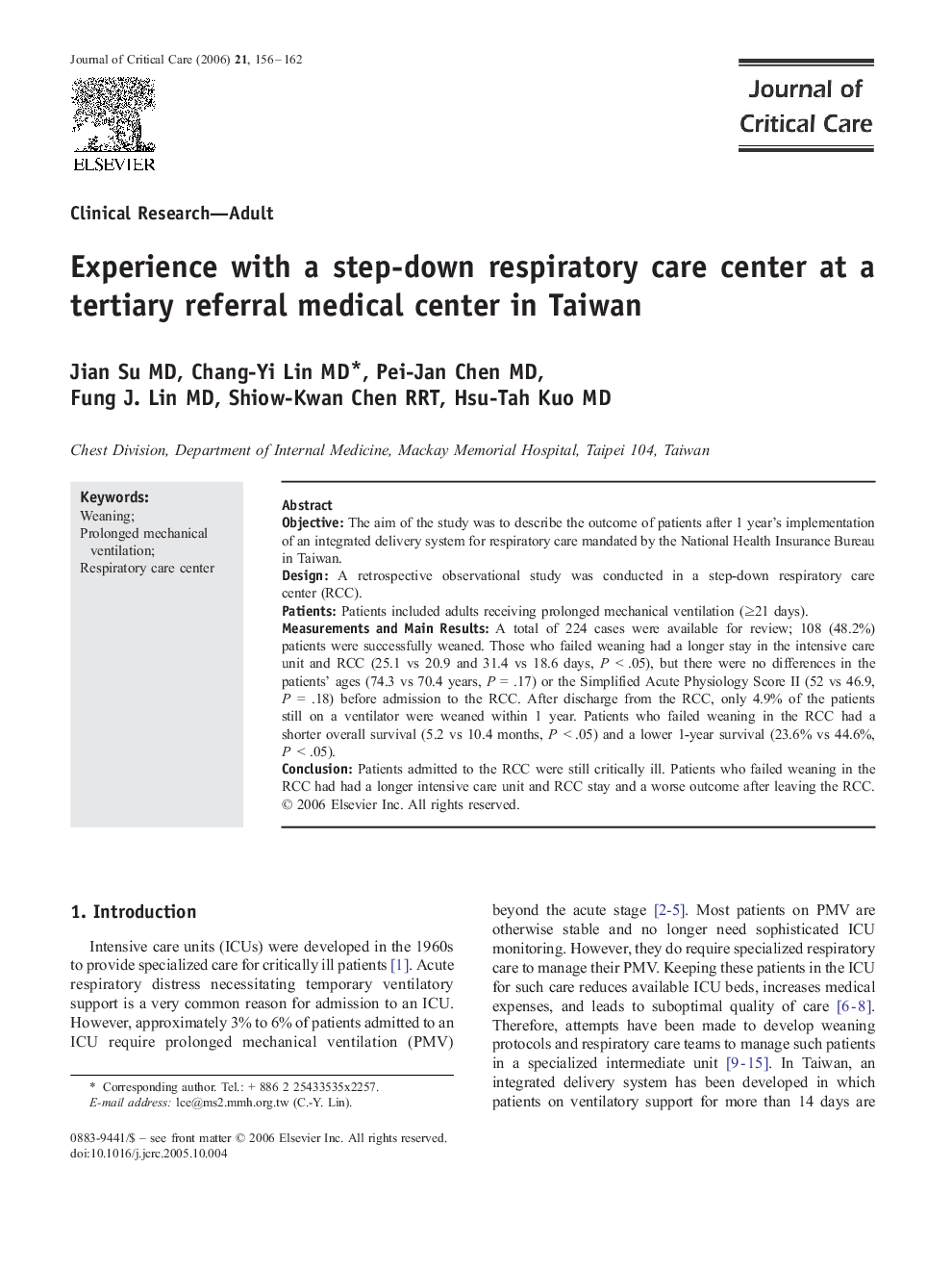 Experience with a step-down respiratory care center at a tertiary referral medical center in Taiwan