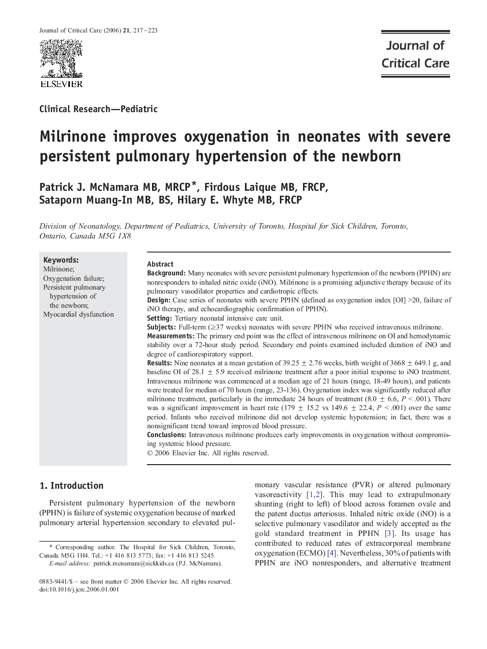 Milrinone improves oxygenation in neonates with severe persistent pulmonary hypertension of the newborn