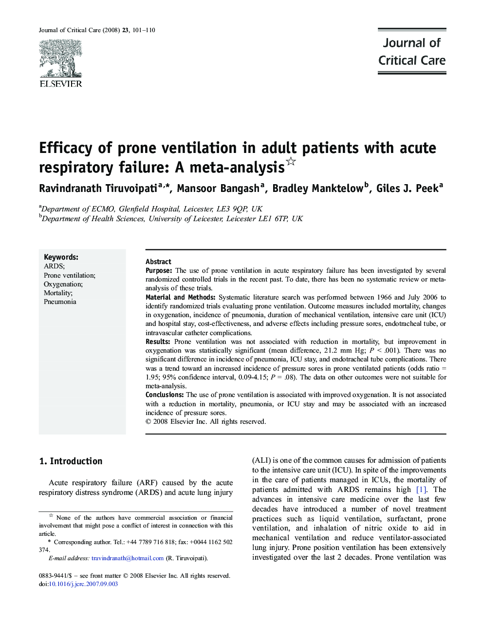 Efficacy of prone ventilation in adult patients with acute respiratory failure: A meta-analysis 