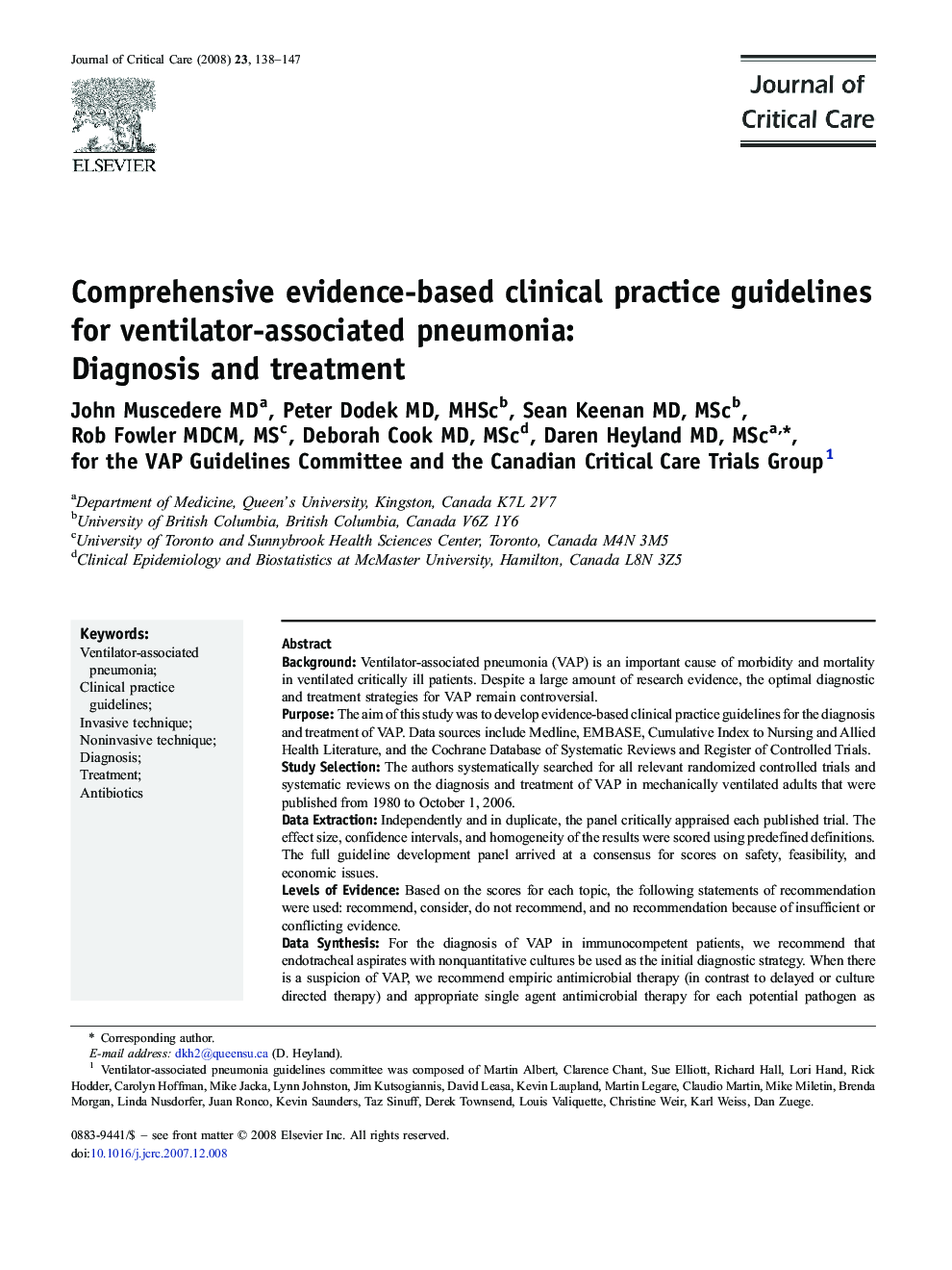 Comprehensive evidence-based clinical practice guidelines for ventilator-associated pneumonia: Diagnosis and treatment