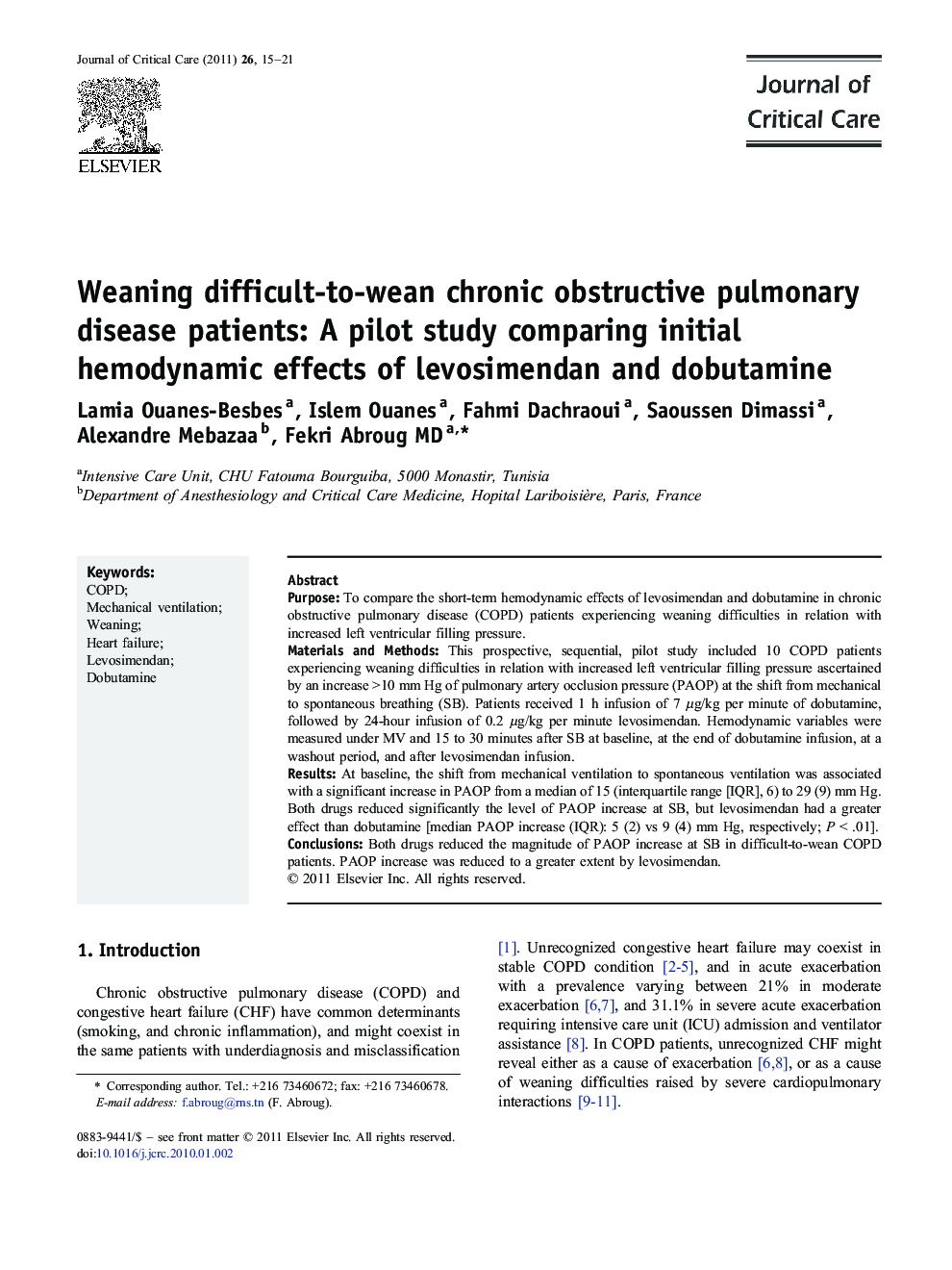 Weaning difficult-to-wean chronic obstructive pulmonary disease patients: A pilot study comparing initial hemodynamic effects of levosimendan and dobutamine