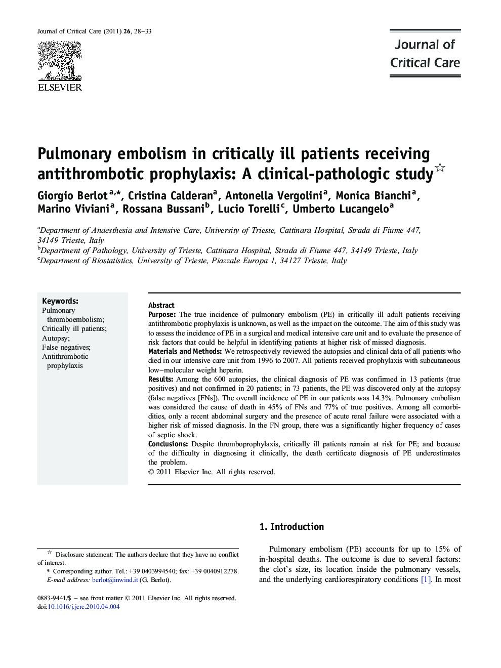 Pulmonary embolism in critically ill patients receiving antithrombotic prophylaxis: A clinical-pathologic study 