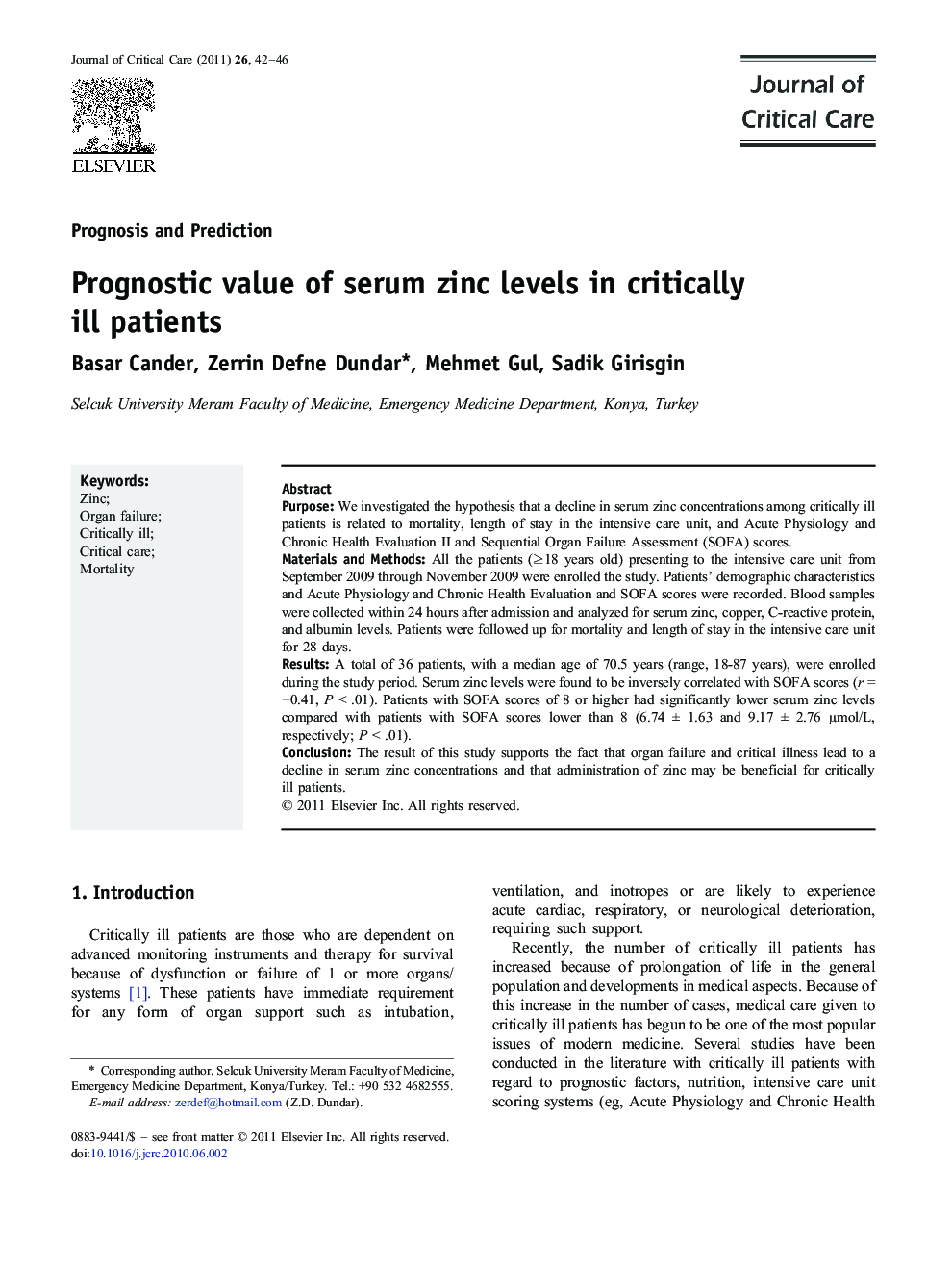 Prognostic value of serum zinc levels in critically ill patients