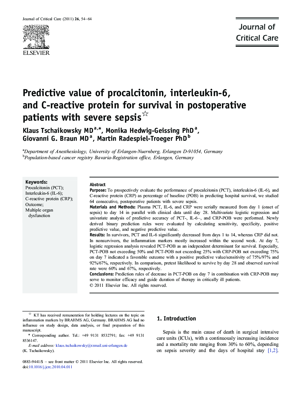 Predictive value of procalcitonin, interleukin-6, and C-reactive protein for survival in postoperative patients with severe sepsis 