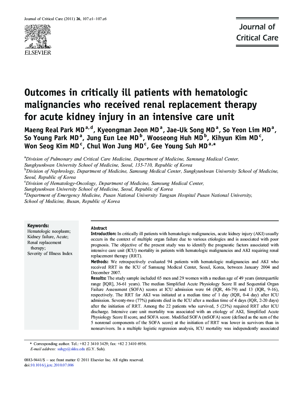 Outcomes in critically ill patients with hematologic malignancies who received renal replacement therapy for acute kidney injury in an intensive care unit