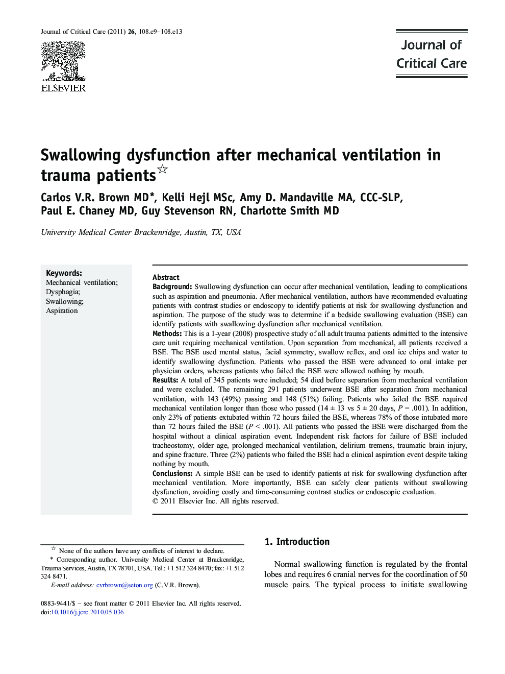 Swallowing dysfunction after mechanical ventilation in trauma patients