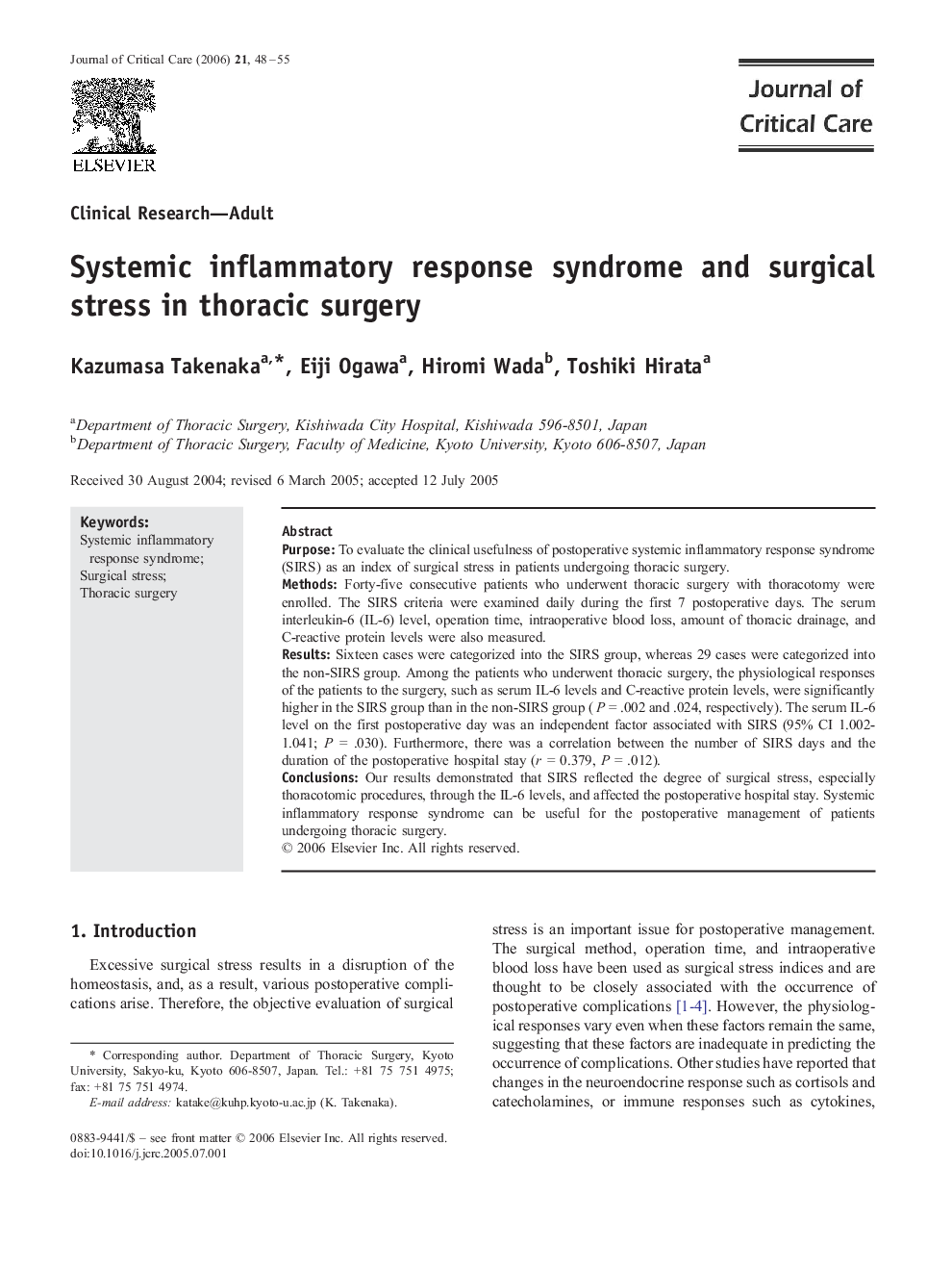 Systemic inflammatory response syndrome and surgical stress in thoracic surgery