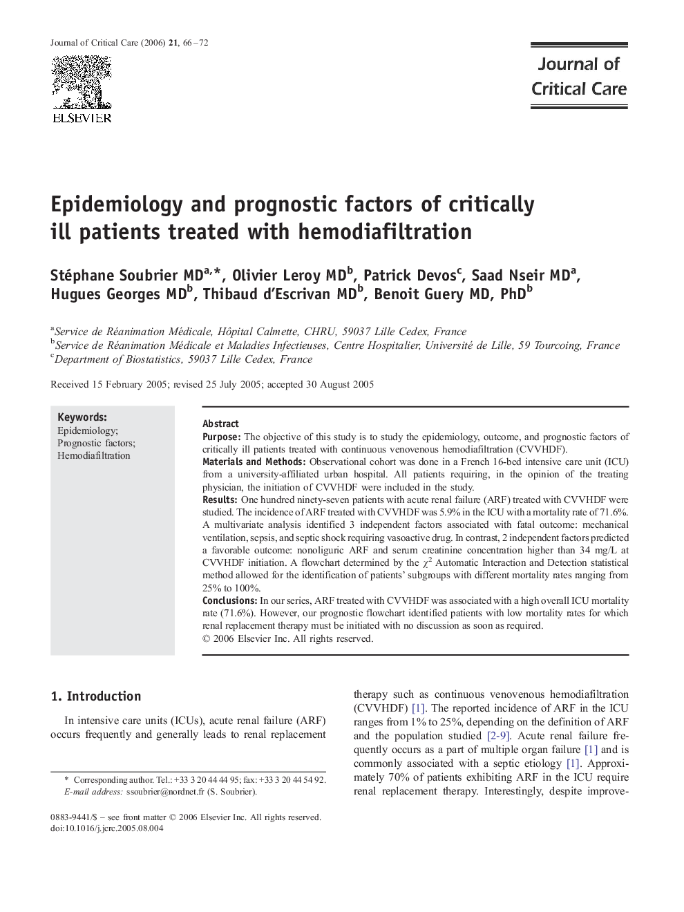 Epidemiology and prognostic factors of critically ill patients treated with hemodiafiltration