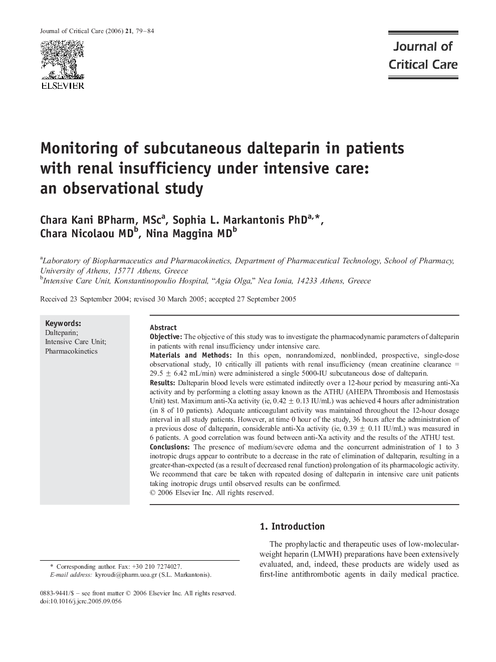 Monitoring of subcutaneous dalteparin in patients with renal insufficiency under intensive care: an observational study