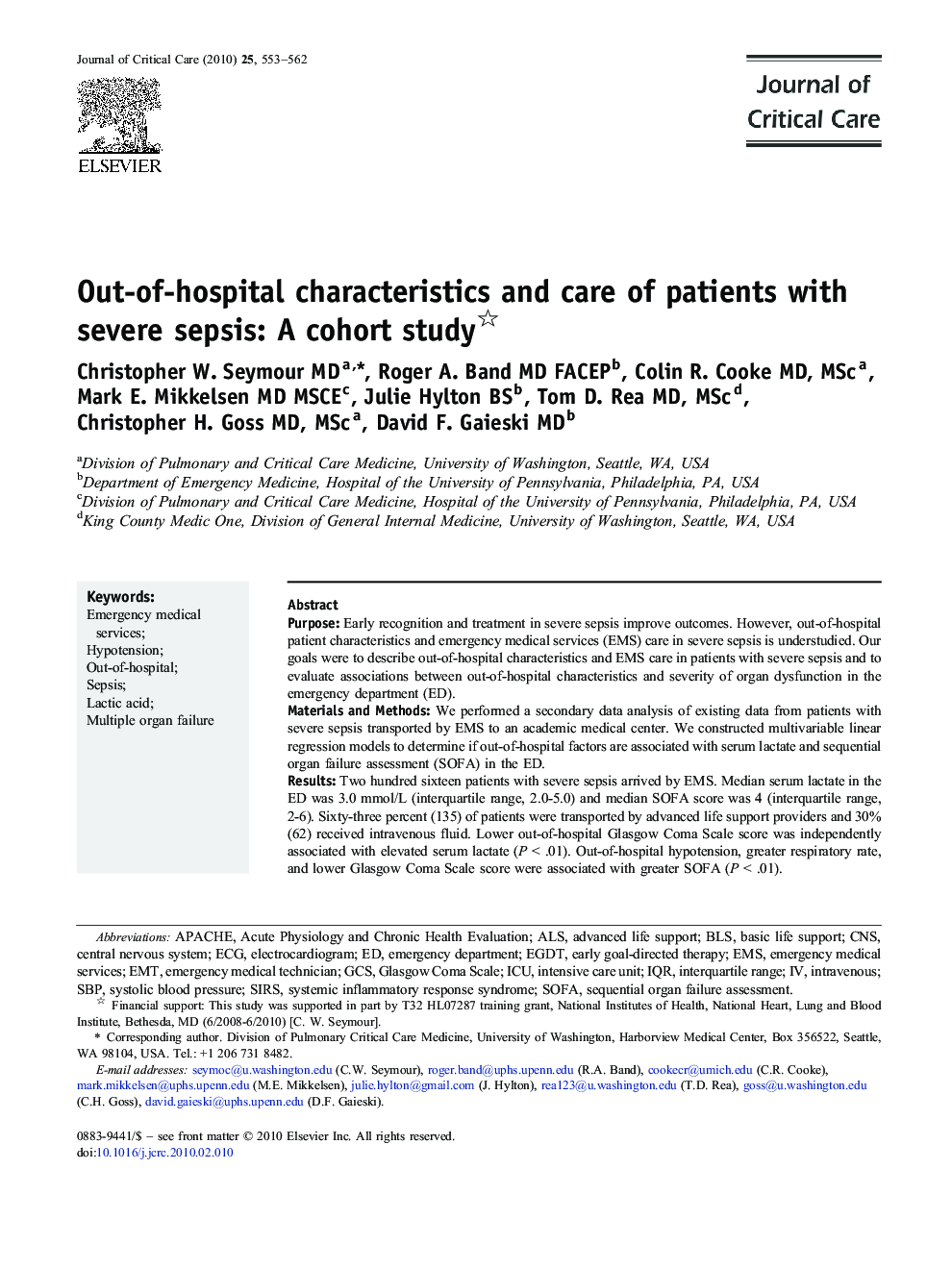 Out-of-hospital characteristics and care of patients with severe sepsis: A cohort study 