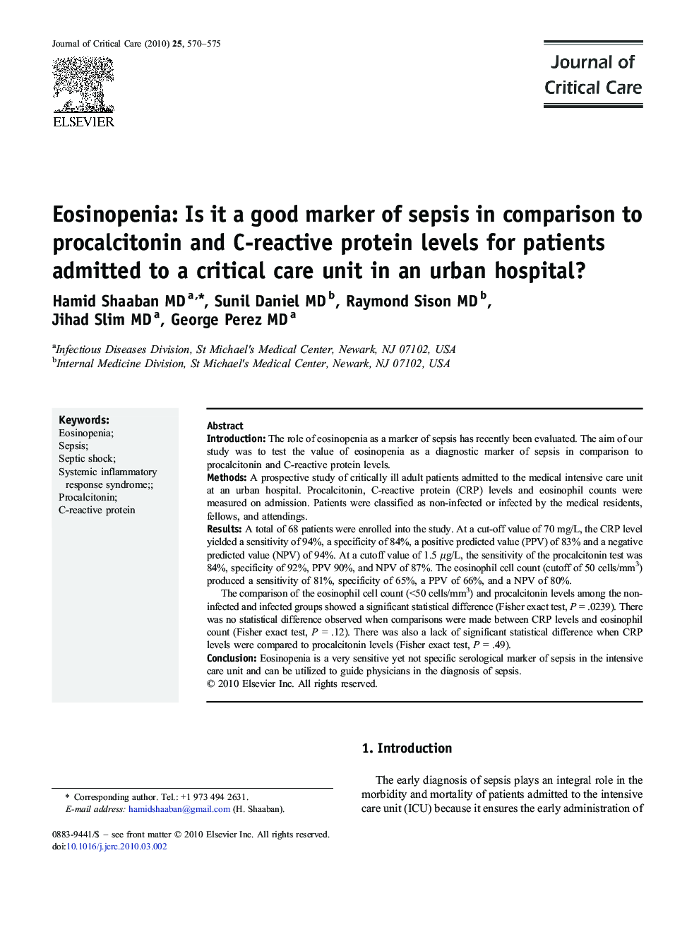 Eosinopenia: Is it a good marker of sepsis in comparison to procalcitonin and C-reactive protein levels for patients admitted to a critical care unit in an urban hospital?