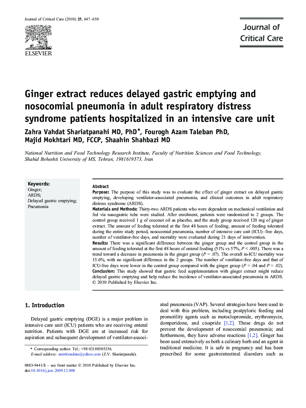 Ginger extract reduces delayed gastric emptying and nosocomial pneumonia in adult respiratory distress syndrome patients hospitalized in an intensive care unit