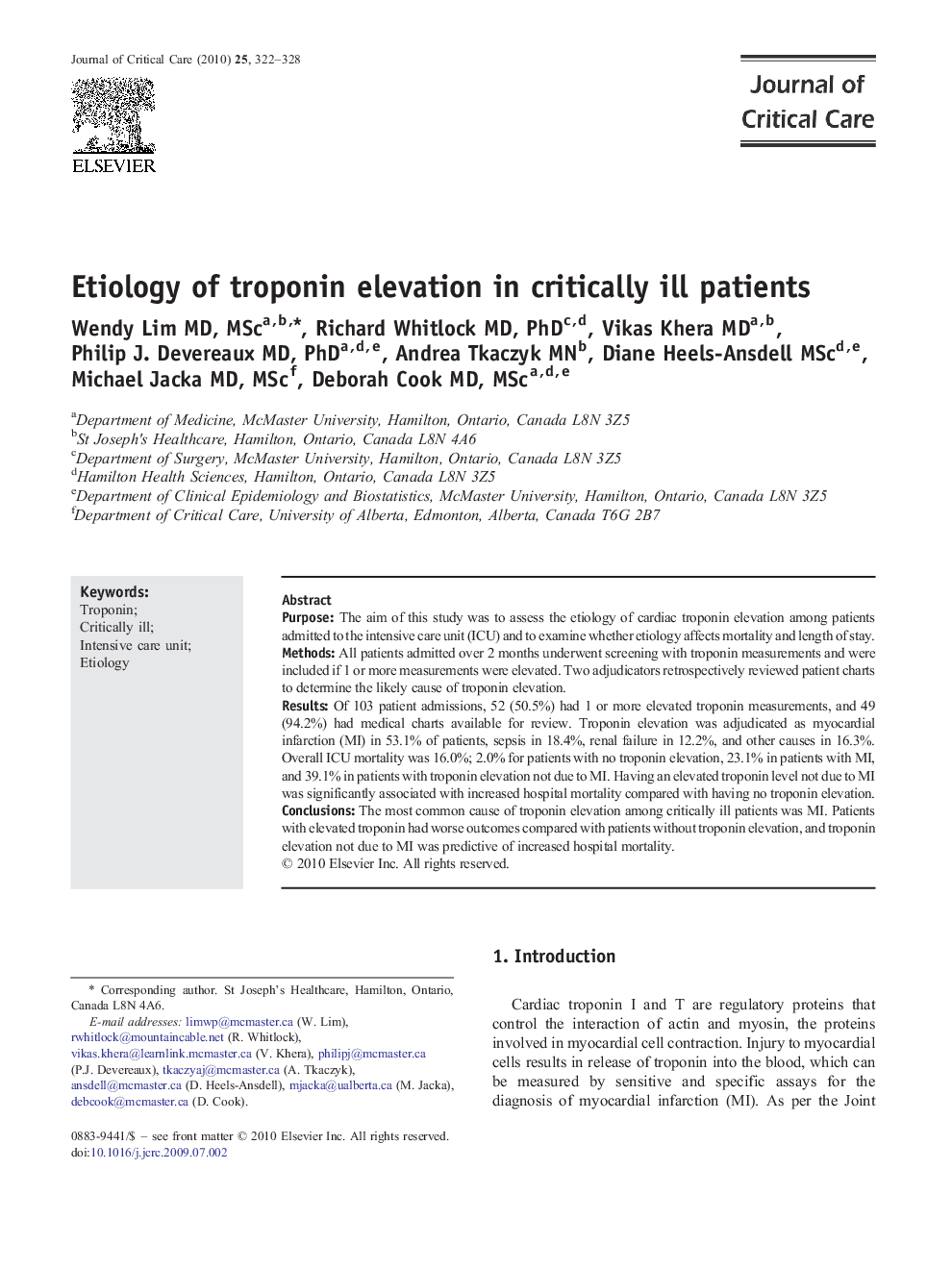 Etiology of troponin elevation in critically ill patients