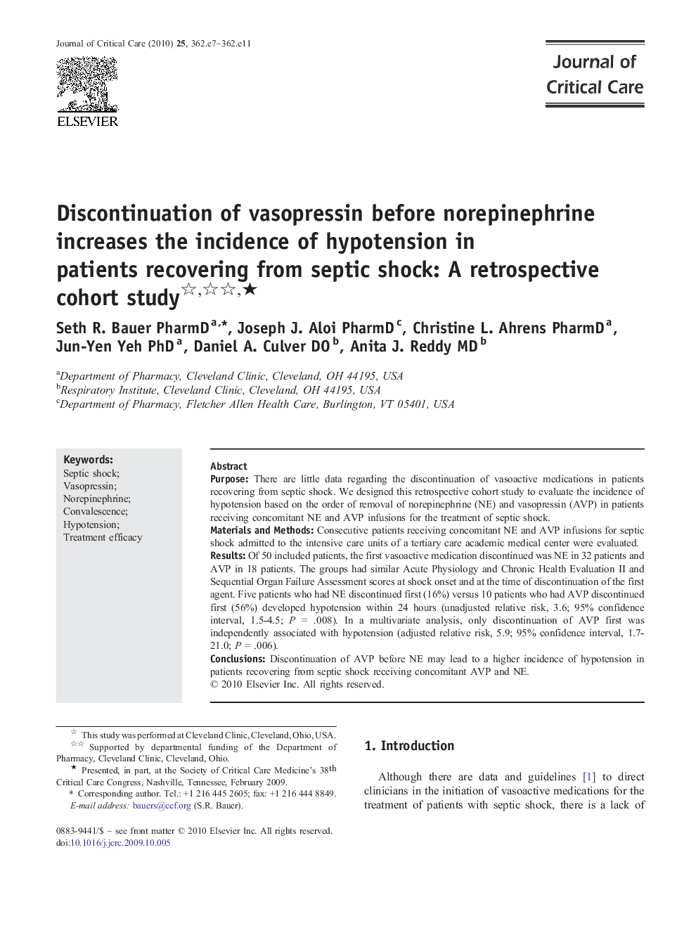 Discontinuation of vasopressin before norepinephrine increases the incidence of hypotension in patients recovering from septic shock: A retrospective cohort study