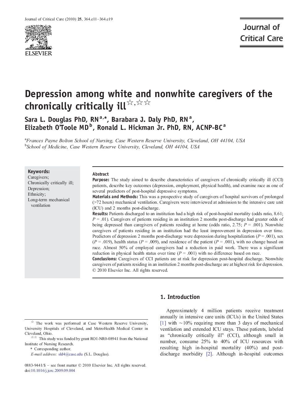 Depression among white and nonwhite caregivers of the chronically critically ill