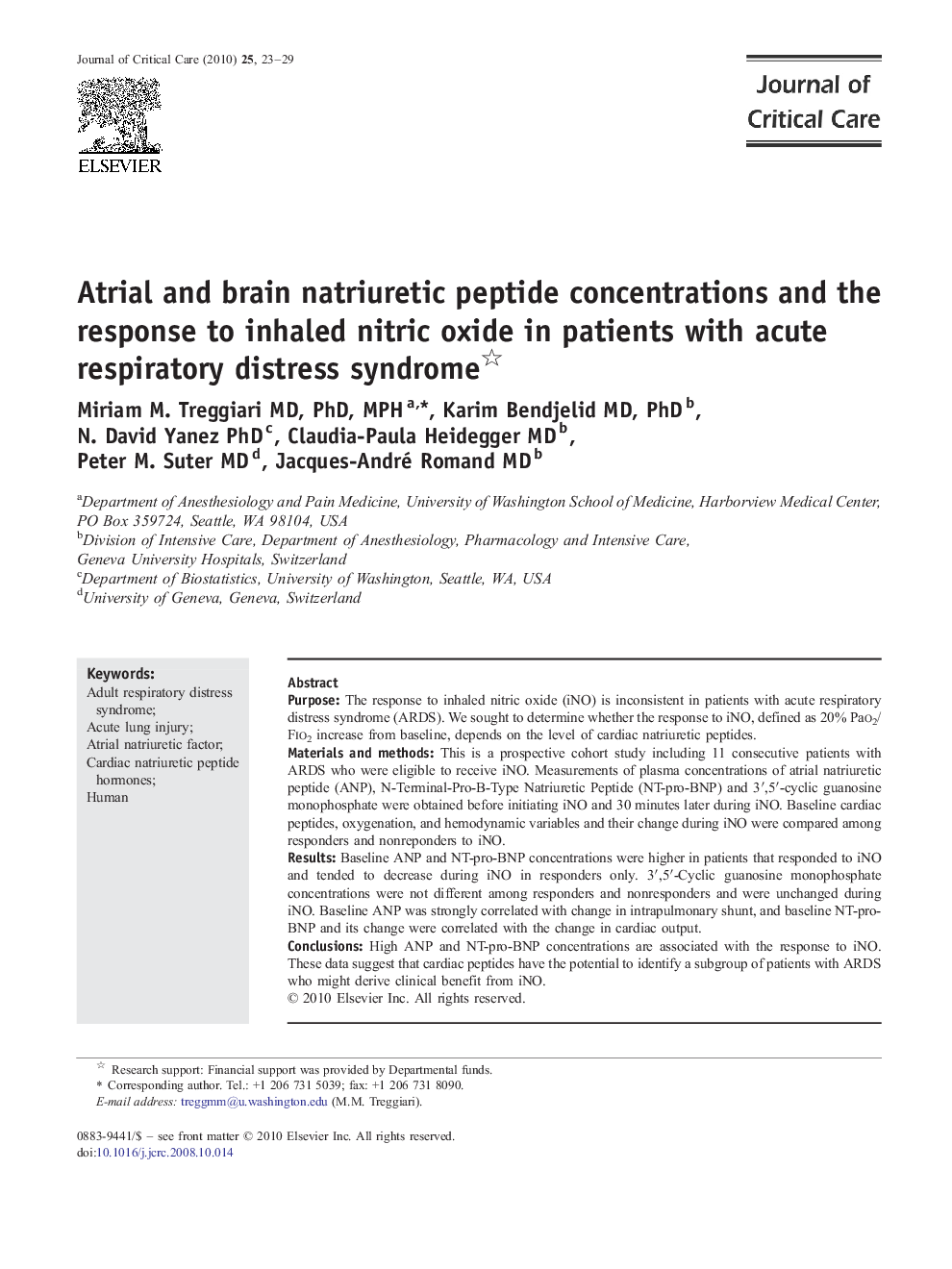 Atrial and brain natriuretic peptide concentrations and the response to inhaled nitric oxide in patients with acute respiratory distress syndrome 