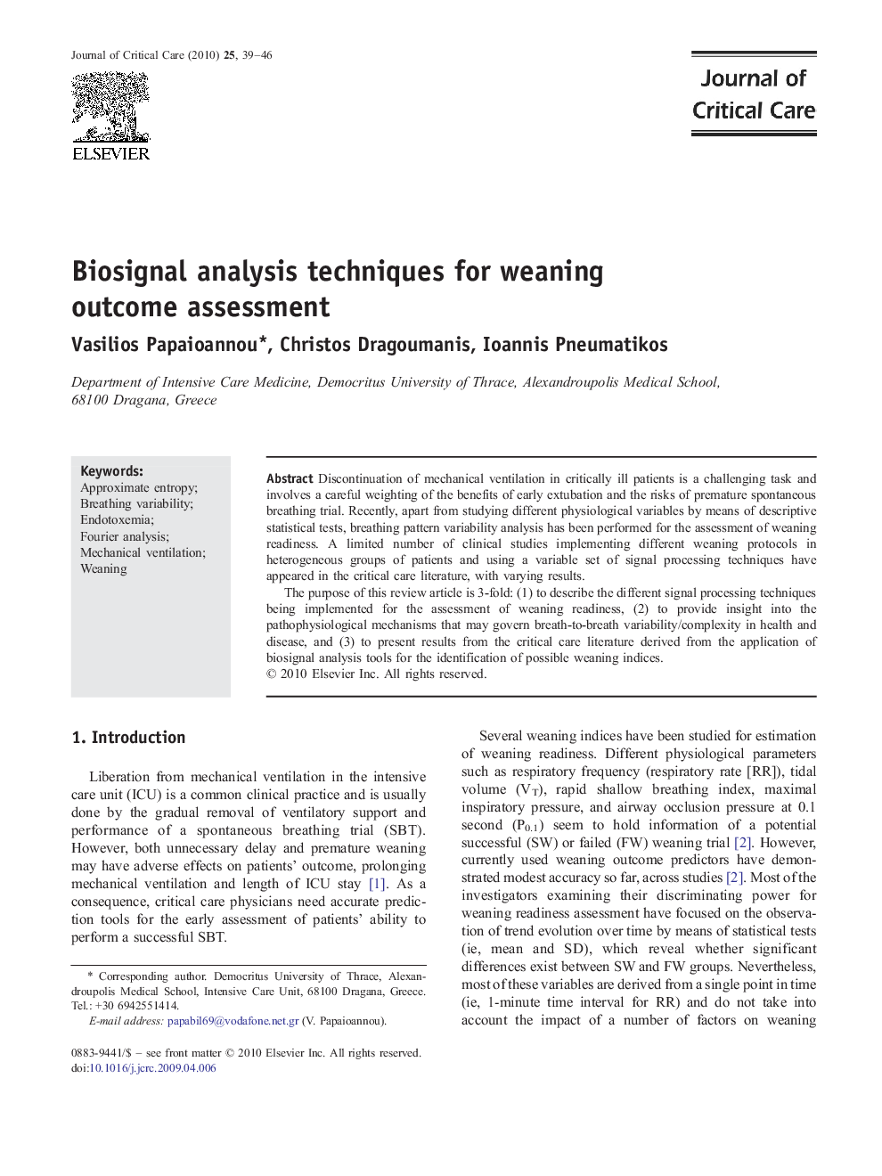 Biosignal analysis techniques for weaning outcome assessment