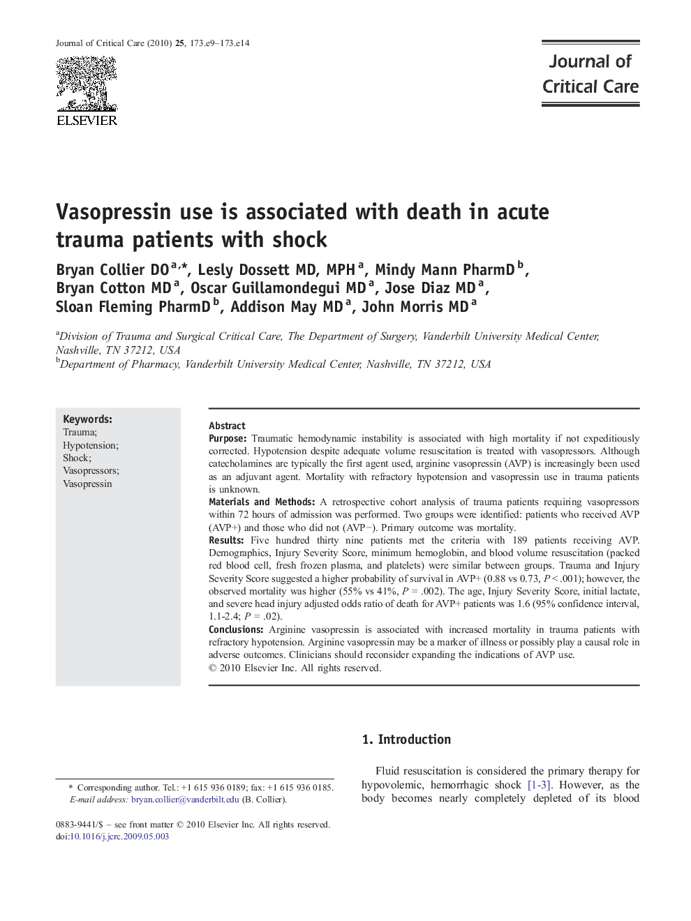 Vasopressin use is associated with death in acute trauma patients with shock