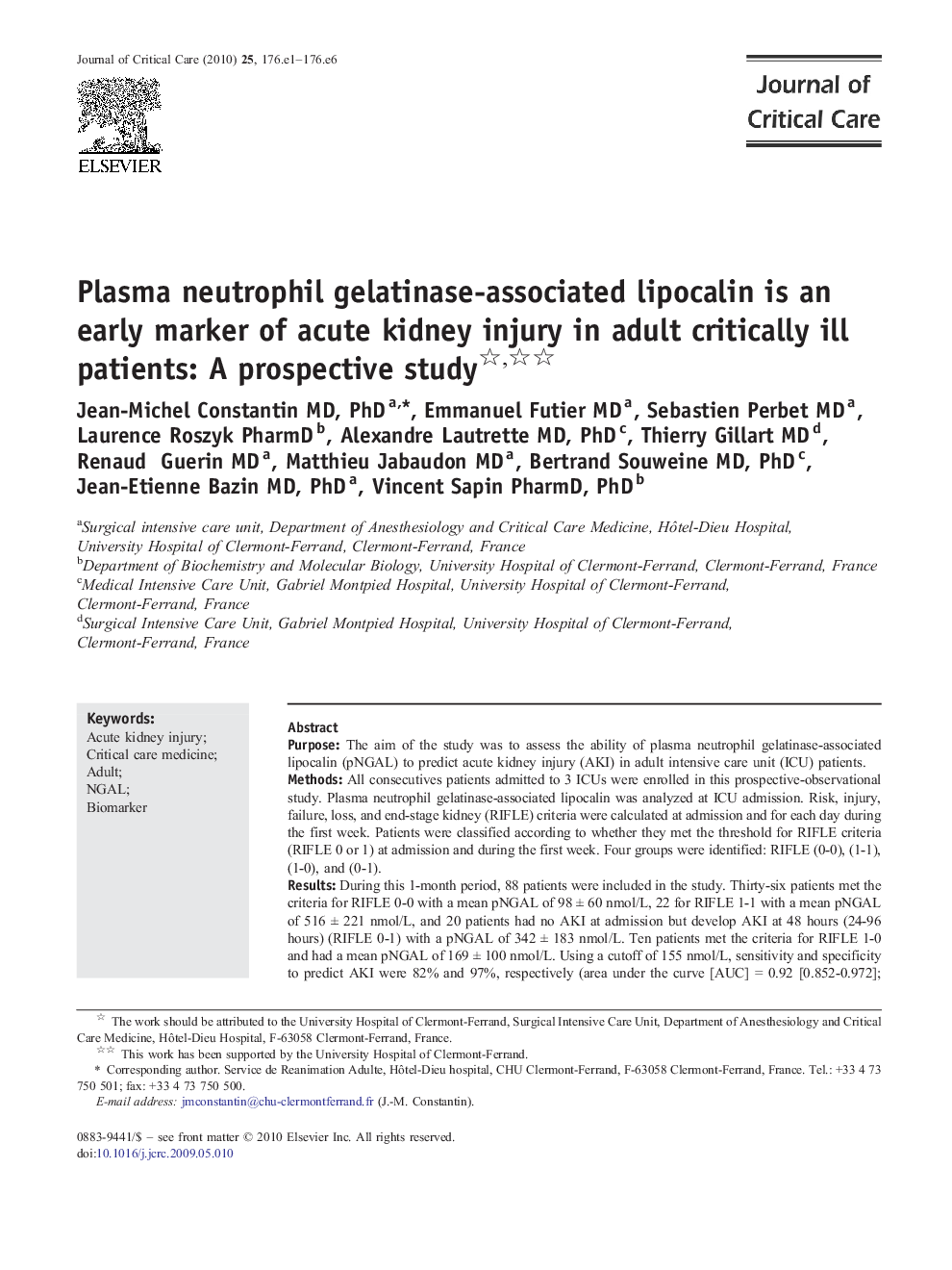 Plasma neutrophil gelatinase-associated lipocalin is an early marker of acute kidney injury in adult critically ill patients: A prospective study