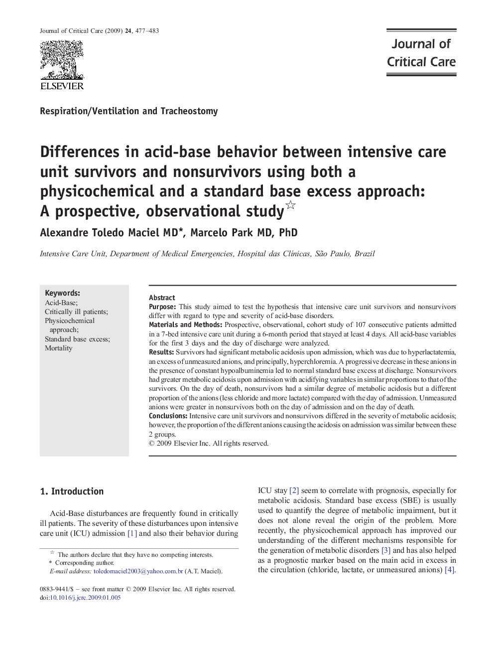 Differences in acid-base behavior between intensive care unit survivors and nonsurvivors using both a physicochemical and a standard base excess approach: A prospective, observational study 