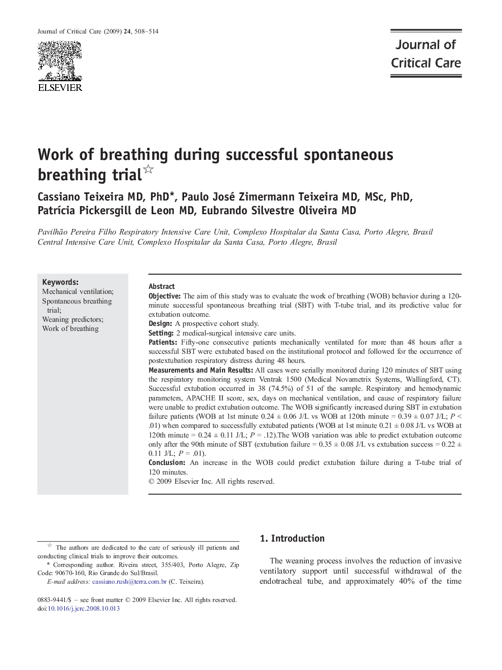 Work of breathing during successful spontaneous breathing trial 