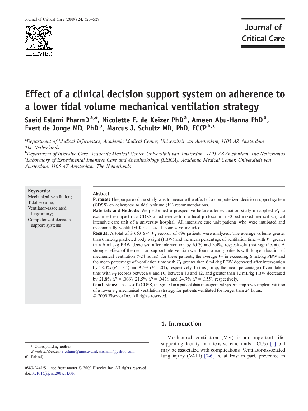 Effect of a clinical decision support system on adherence to a lower tidal volume mechanical ventilation strategy