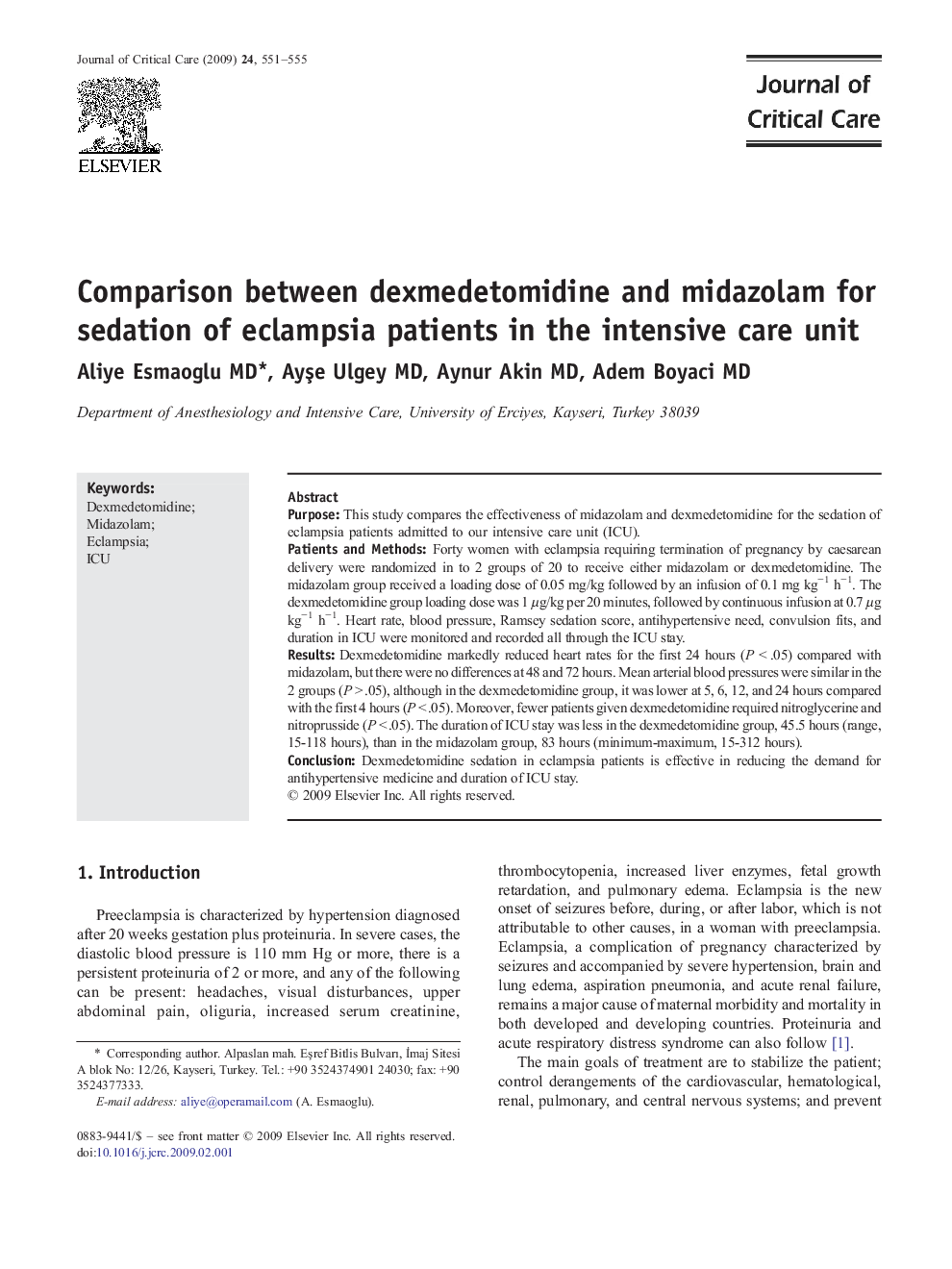 Comparison between dexmedetomidine and midazolam for sedation of eclampsia patients in the intensive care unit