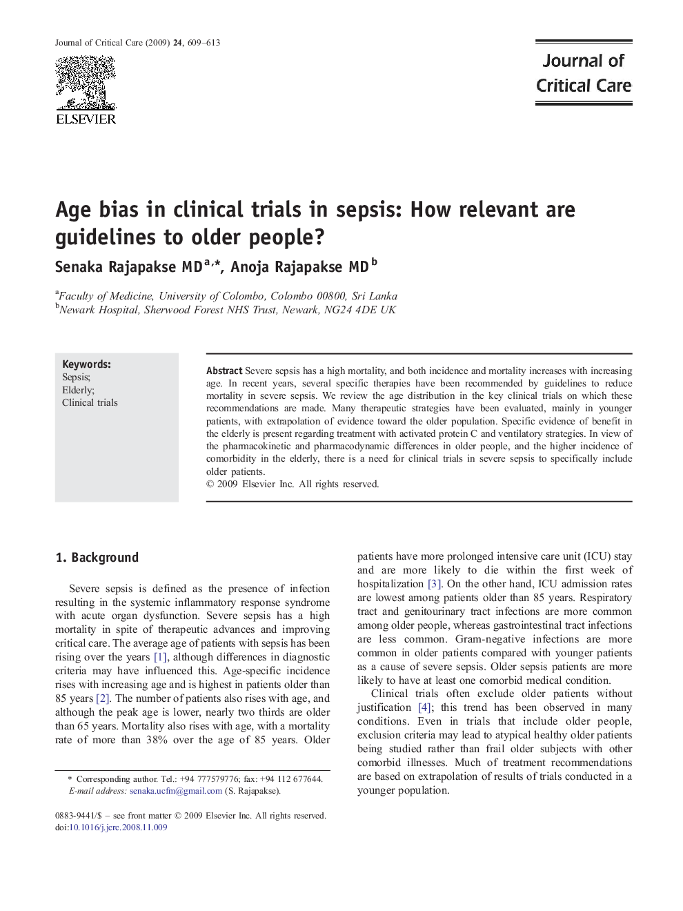 Age bias in clinical trials in sepsis: How relevant are guidelines to older people?